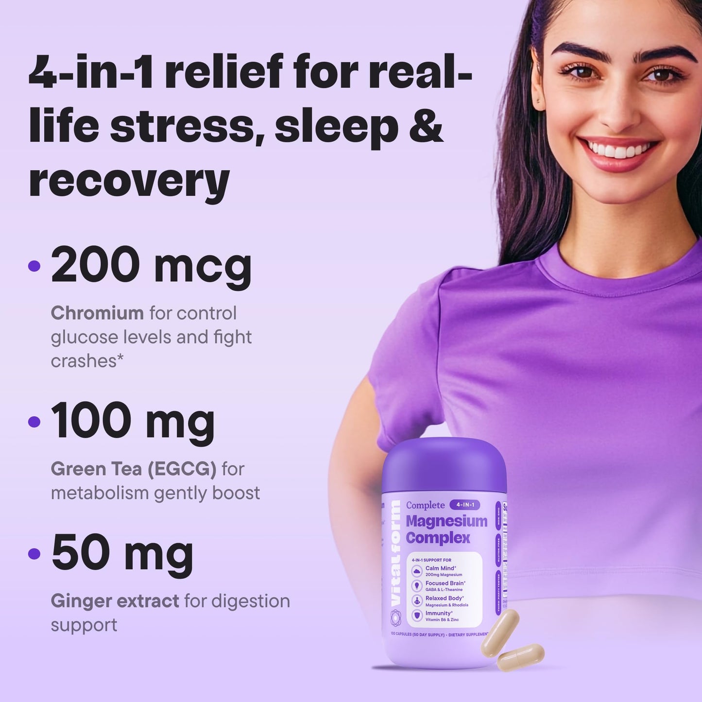 VitalForm Magnesium Glycinate 200mg – 4-in-1 Stress, Sleep, Mood & Recovery – 100 Vegan Capsules – Non-GMO