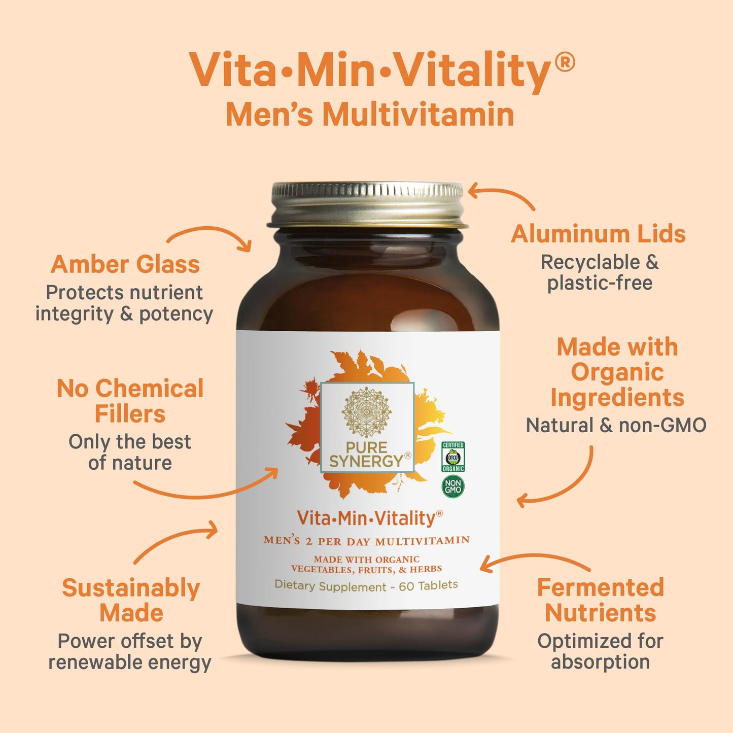 PURE SYNERGY Vita-Min-Vitality | Natural Men’s Multivitamin with Organic Whole Foods | Energy, Stress & Immune Support (60 Tablets)