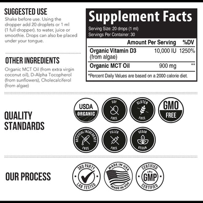 Organic Vitamin D3 10,000 IU – Plant-Based Vegan Sublingual Drops (30 Servings)