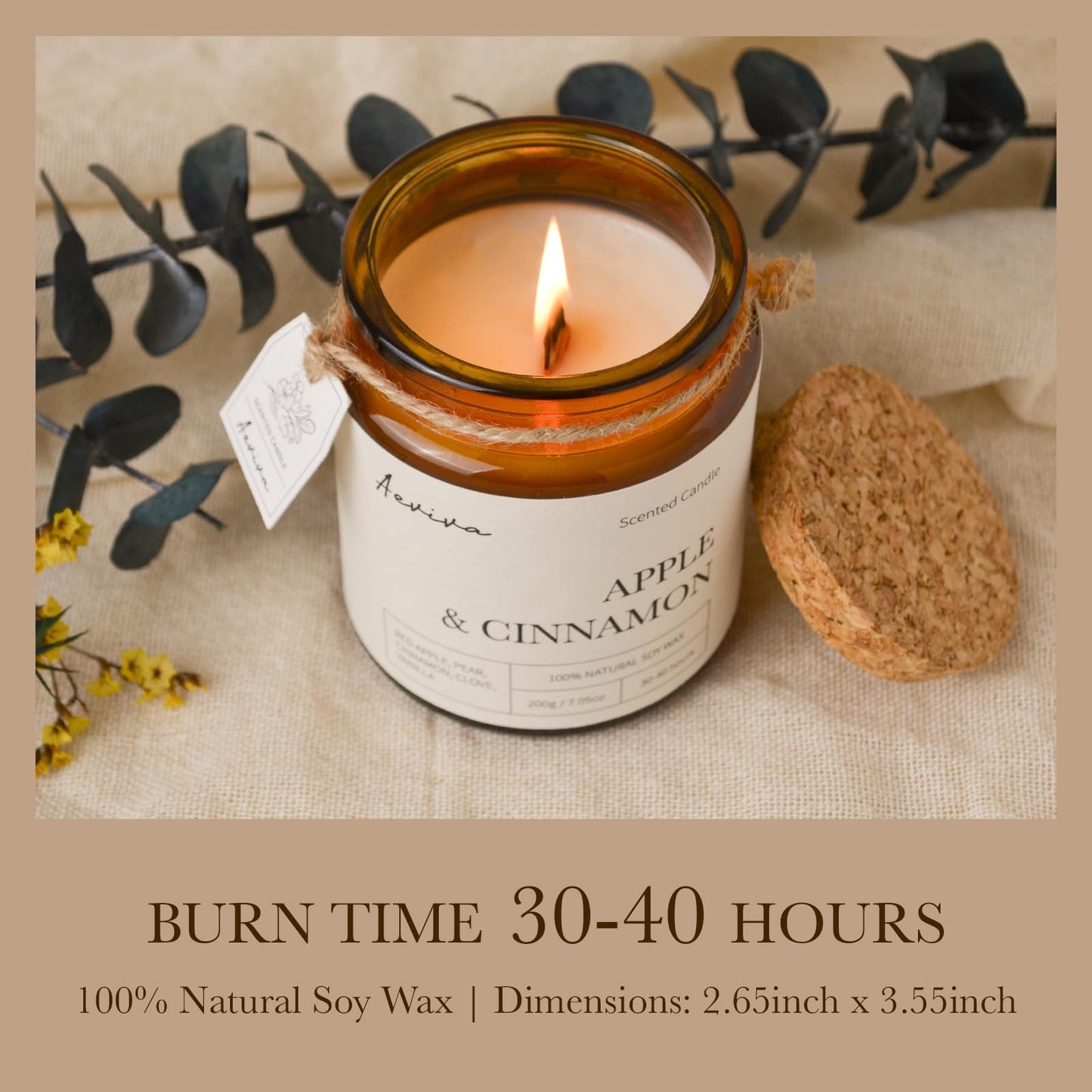 Aeviva Apple & Cinnamon Scented Candle - 7.05 oz, Natural Soy Wax, Double Wooden Wick