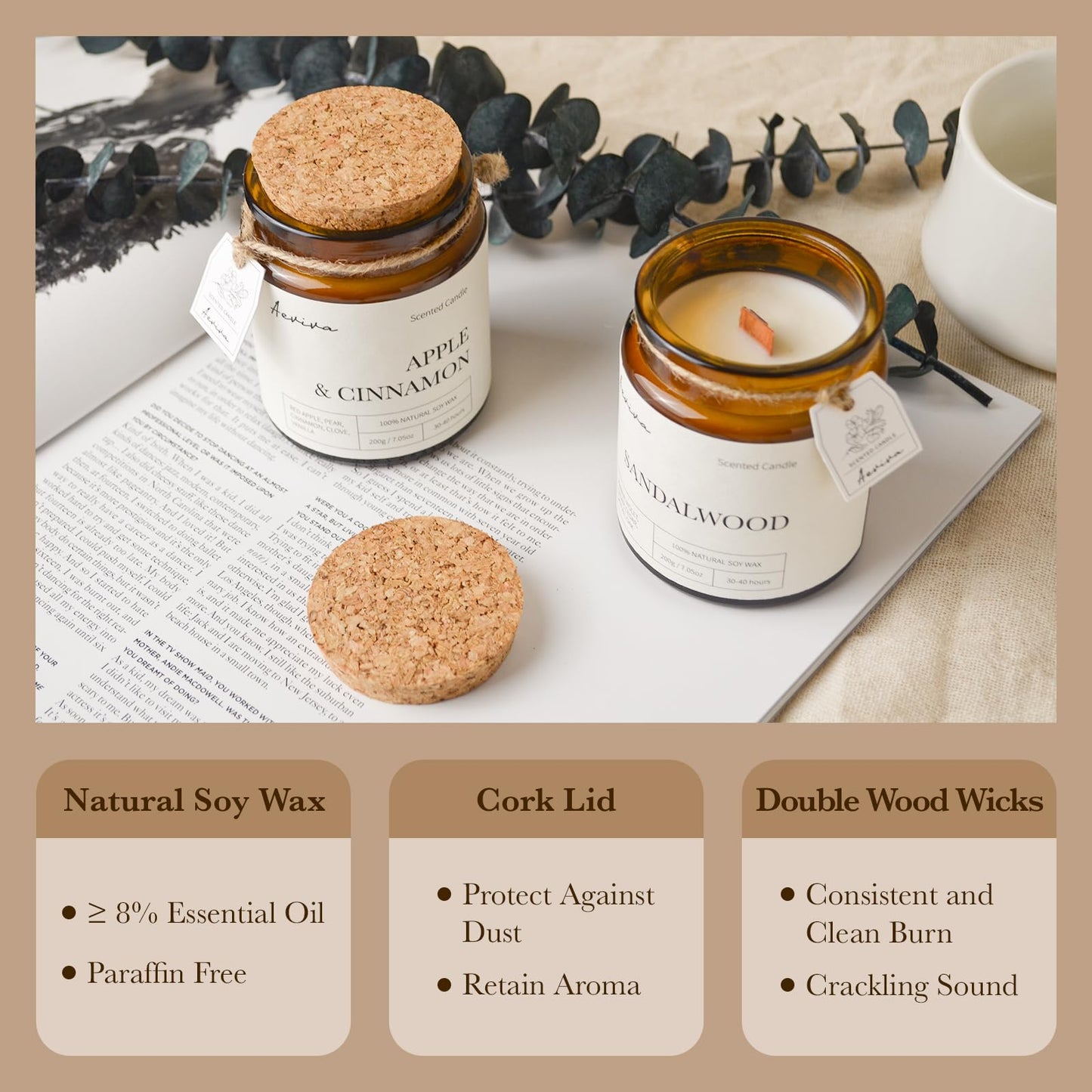 Aeviva Apple & Cinnamon Scented Candle - 7.05 oz, Natural Soy Wax, Double Wooden Wick