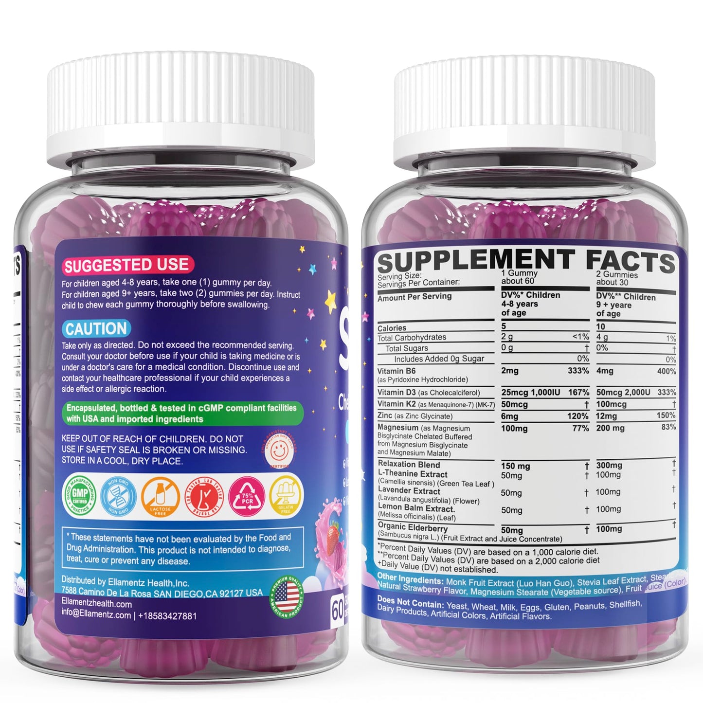 Kids Sleep Gummies - No Melatonin with Magnesium Glycinate, L-Theanine, Zinc & D3K2 | Immune Support