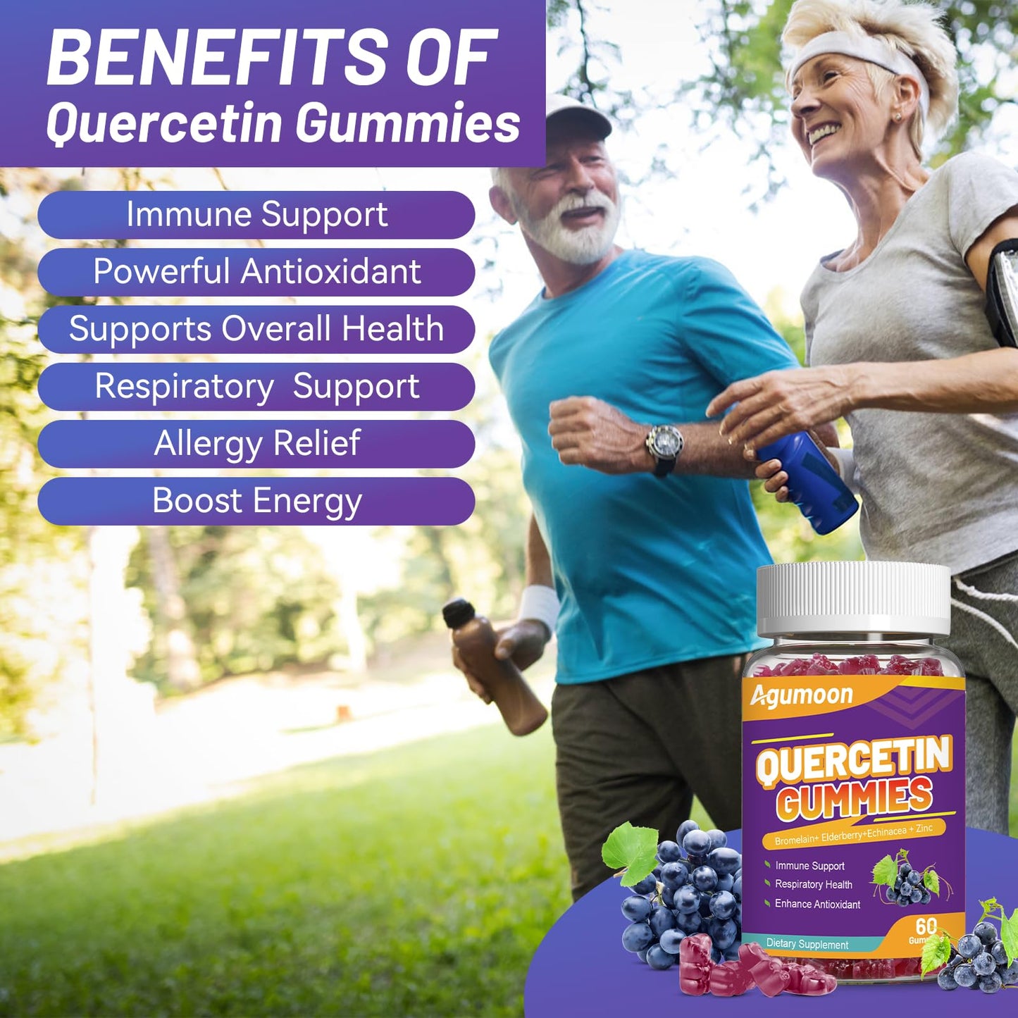Agumoon Quercetin Gummies – 1000mg Quercetin with Bromelain, Zinc & Elderberry | Vegan Immune & Antioxidant Support (60 Count)