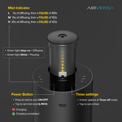 Airversa Waterless Essential Oil Diffuser – 3 Timers, 3 Mist Levels, Black ANX Premium Metal