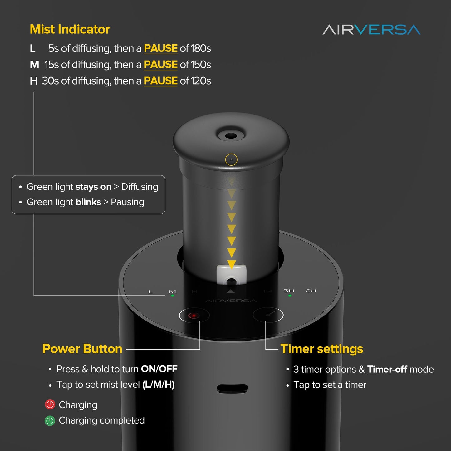 Airversa Waterless Diffuser Starter Kit 2x30mL Oils Portable Battery Diffuser Black