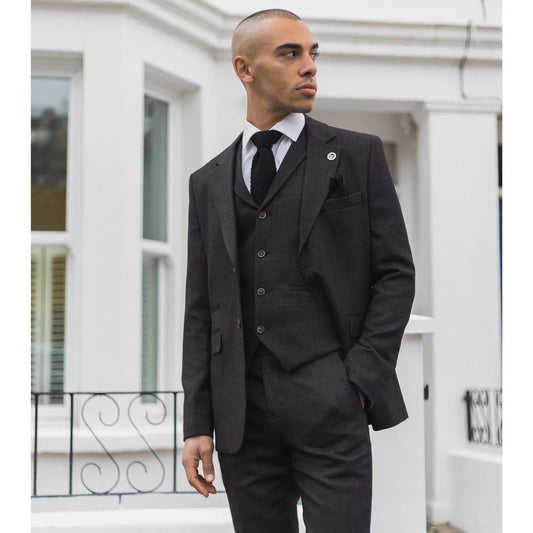 AK-05 - Men's Herringbone Tweed 3 Piece Suit Purple Plum 1920s Blinders