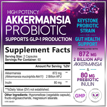 Akkermansia Probiotic 2B AFU – GLP-1 Support + Inulin Fiber | 120 Capsules | USA