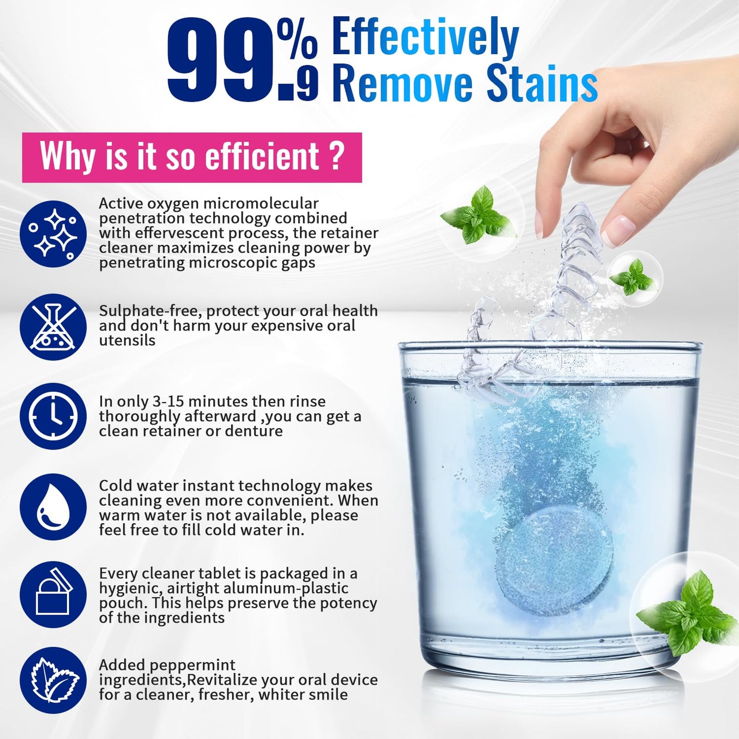 Retainer Cleaner Tablets for Invisalign – Sulphate-Free Effervescent Cleaner with Aligner Tools