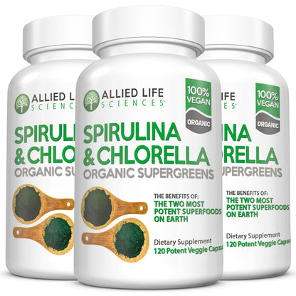 Allied Life Spirulina & Chlorella | Organic Green Superfood Capsules | 3 Bottle Pack