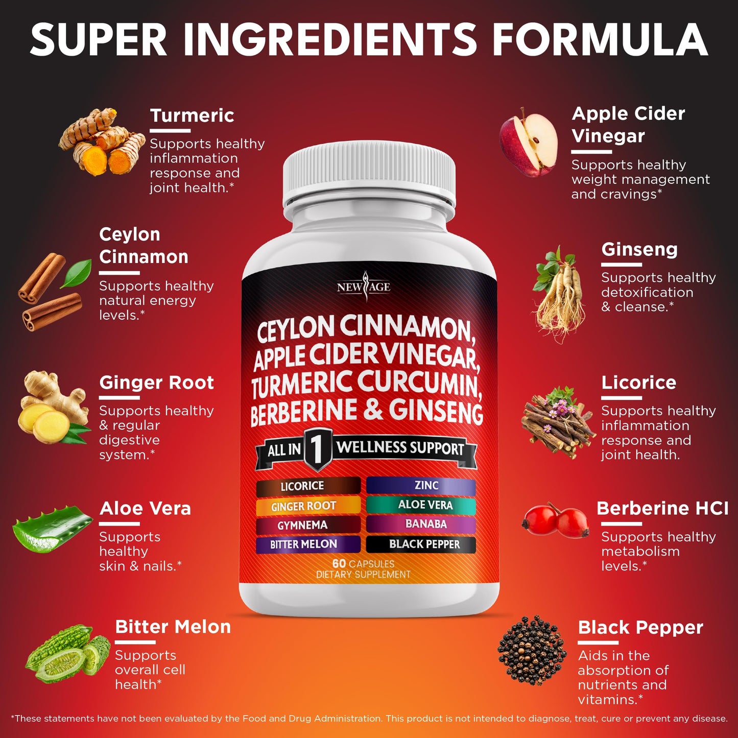 Ceylon Cinnamon Turmeric Apple Cider Vinegar Ginseng Aloe Vera Berberine Banaba Ginger Root - 120 Count