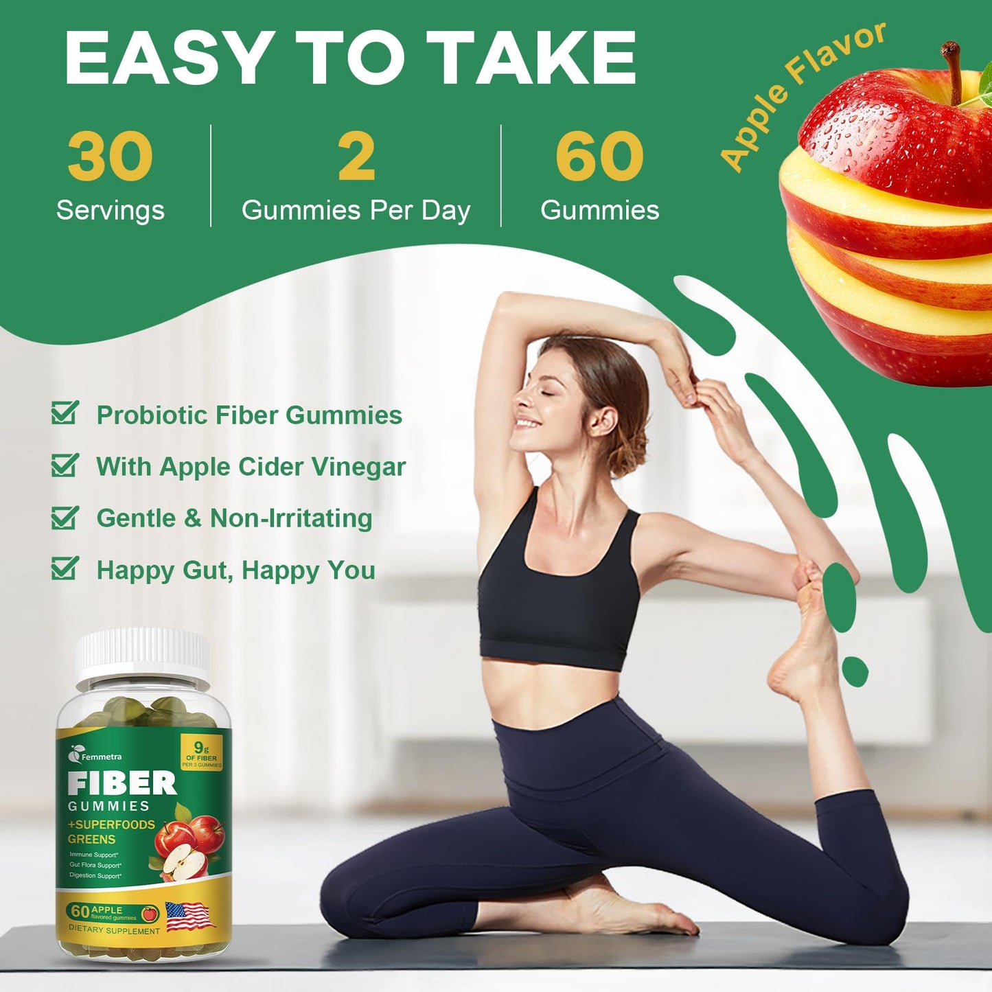 13-in-1 Prebiotic Fiber Gummies for Adults – Greens Blend, Inulin & ACV, Sugar Free Apple Flavor | 60 Vegan Gummies