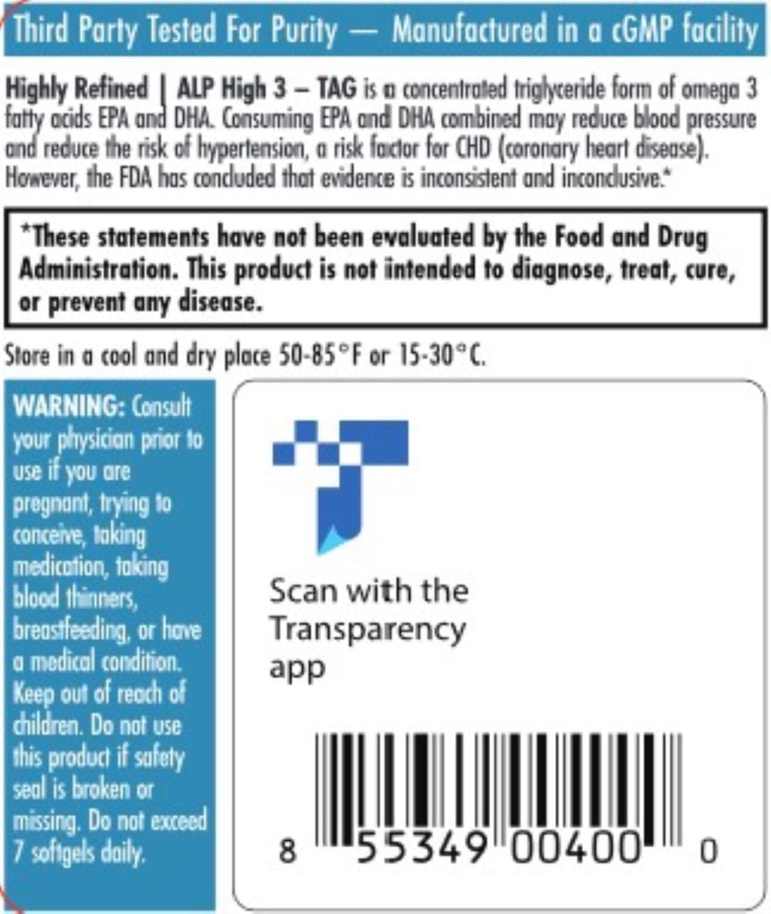 ALP High-3 TAG Omega-3 Fish Oil Supplement - 60-Count | High-Potency TG EPA/DHA