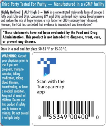 ALP High-3 TAG Omega-3 Fish Oil Supplement - 60-Count | High-Potency TG EPA/DHA
