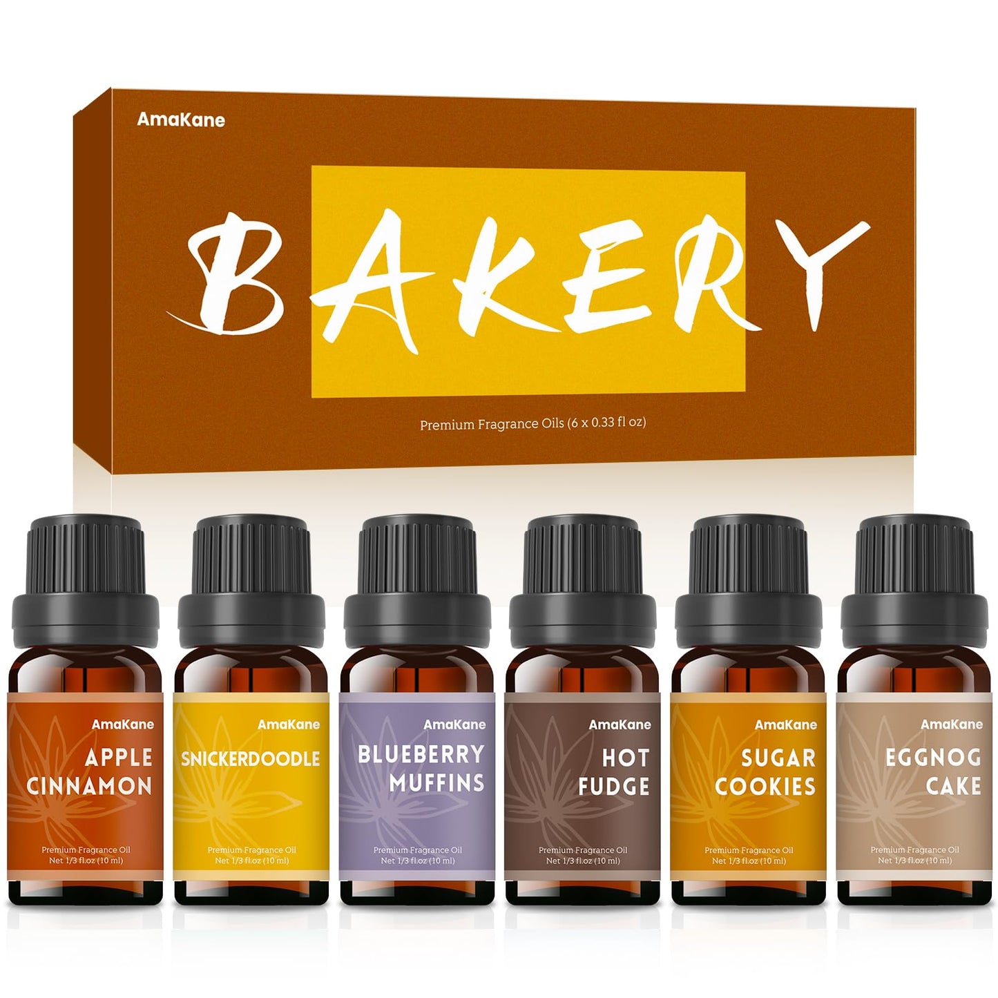 AmaKane Bakery Fragrance Oils – 6x10ml Fall Scents: Apple Cinnamon, Sugar Cookies, Snickerdoodle, Eggnog Cake, Blueberry Muffin, Hot Fudge