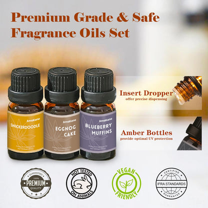 AmaKane Bakery Fragrance Oils – 6x10ml Fall Scents: Apple Cinnamon, Sugar Cookies, Snickerdoodle, Eggnog Cake, Blueberry Muffin, Hot Fudge
