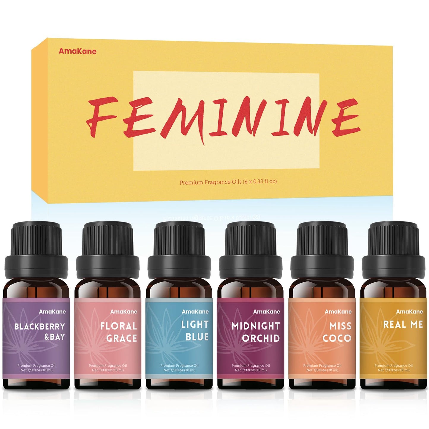 AmaKane Feminine Fragrance Oils – 6x10ml Set for Diffuser, Candle & Soap | Floral Grace, Miss Coco, Midnight Orchid & More