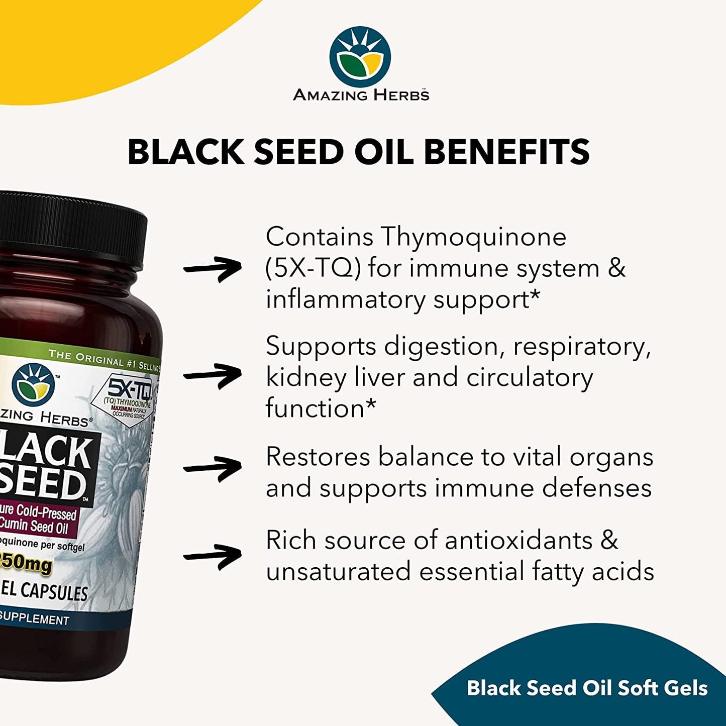Amazing Herbs Premium Black Seed Oil Capsules 1250mg – Cold-Pressed Nigella Sativa – 60 Count (Pack of 3)