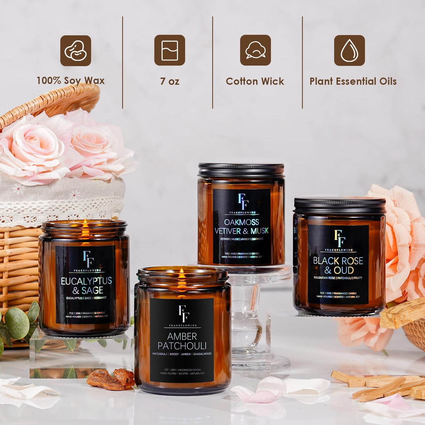 Amber Patchouli Scented Candles | Soy Wax Jar 7oz – Aromatherapy Gift