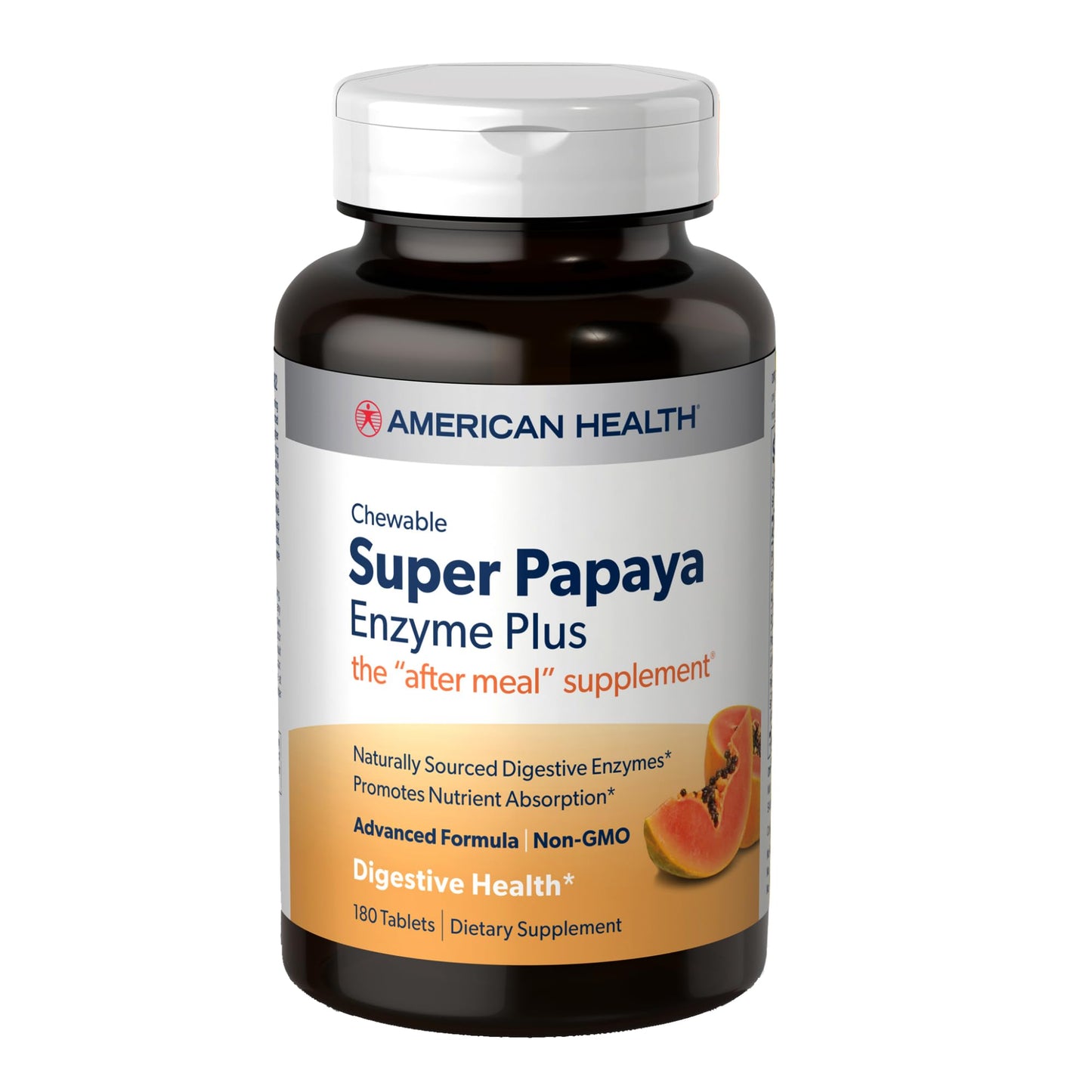 American Health Super Papaya Enzyme Plus - 180 Chewable Tablets | After-Meal Digestive Enzyme - Non-GMO - 60 Servings