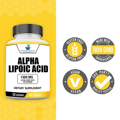 American Standard Supplements Alpha Lipoic Acid 1300mg Per Serving - Vegan, Gluten Free, Non-GMO, 60 Capsules, 30 Servings (Pack of 2)