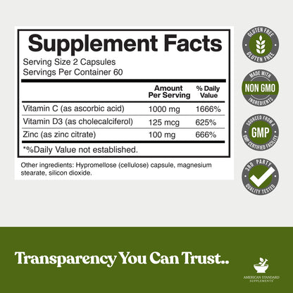 Zinc 100mg + Vitamin C 1000mg + Vitamin D3 5000 IU — 120 Gluten-Free Capsules (60 Servings) | American Standard