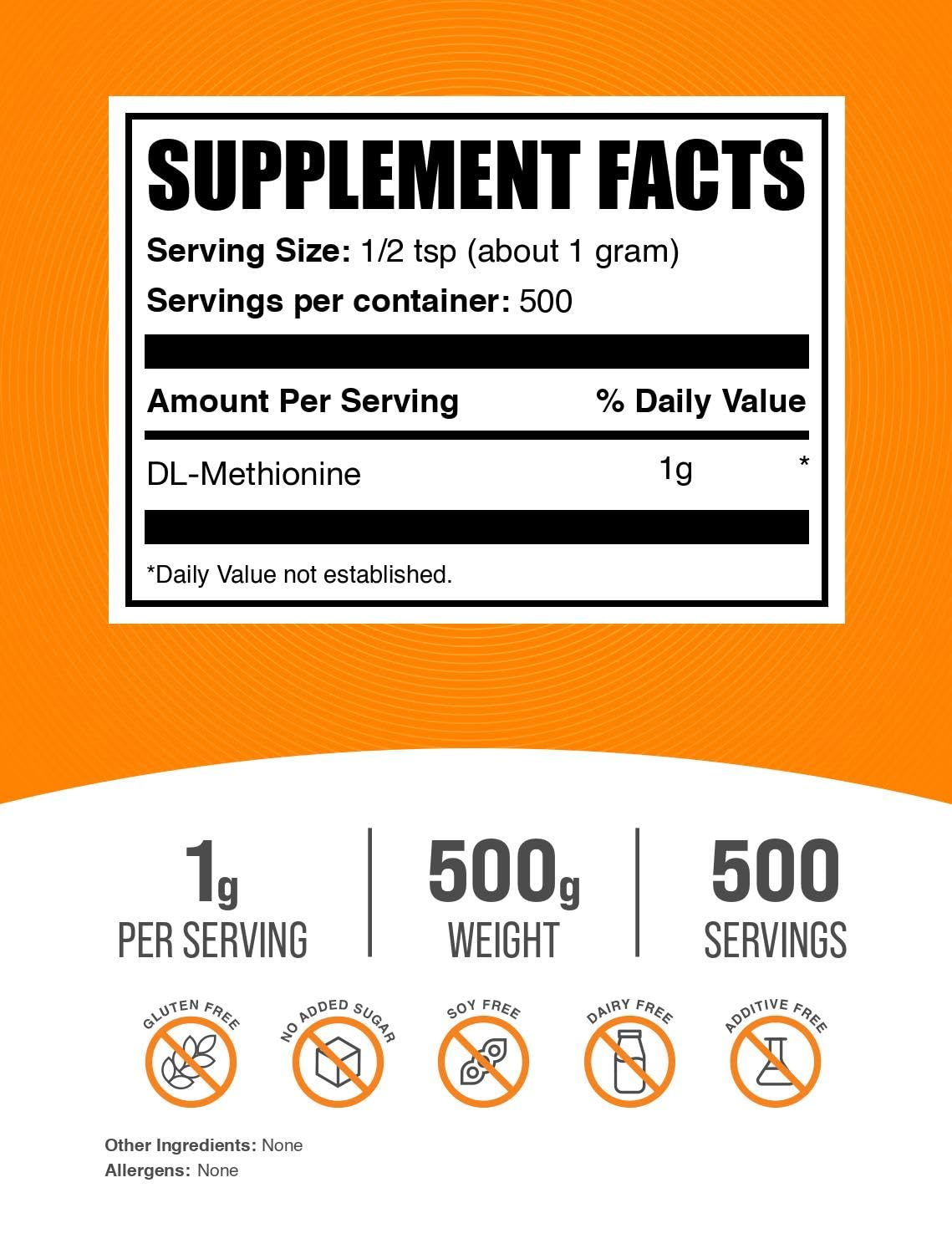 BulkSupplements.com DL-Methionine Powder – Methionine Supplement, Unflavored, Gluten Free, 1g Serving, 500g