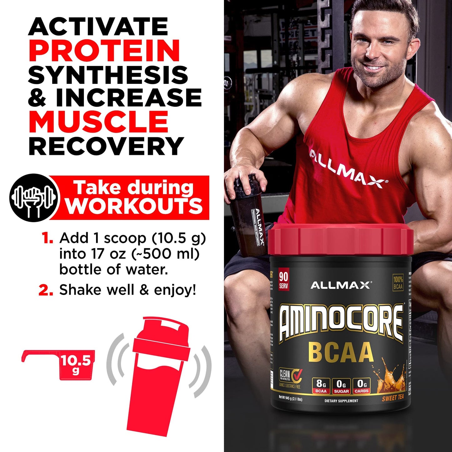 ALLMAX AMINOCORE BCAA Powder – Intra & Post-Workout Recovery, Gluten Free, Sweet Tea 315 g