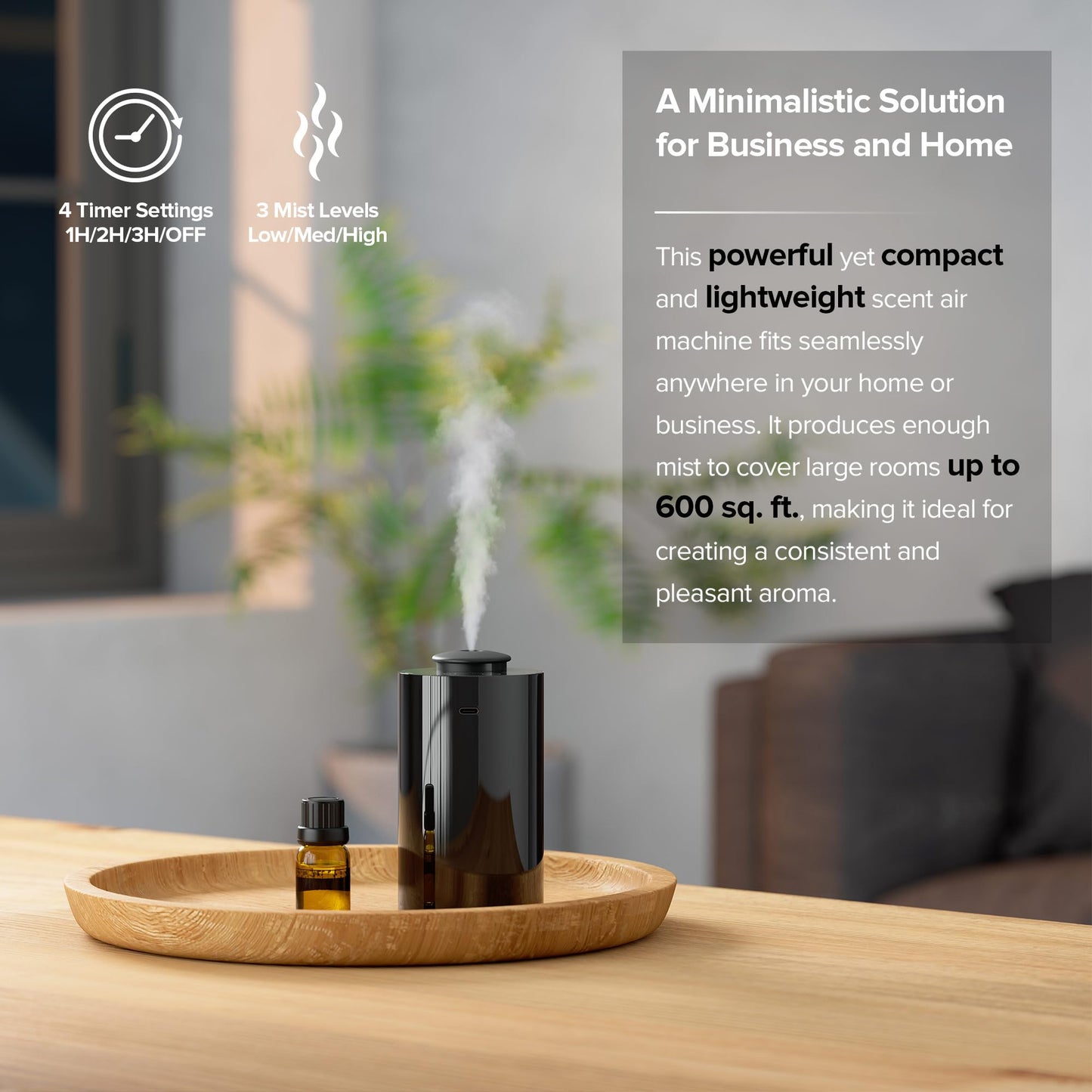 Waterless Essential Oil Diffuser AN7 Black – 5–20mL, Up to 600 sq ft, 4 Timers, 3 Mist Levels