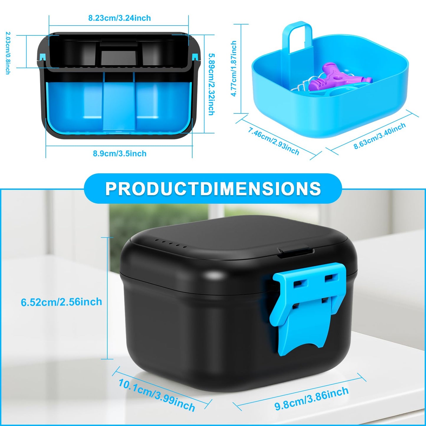 ANYLEY Leak-Proof Denture Cup & Travel Case – Double-Layer, Black & Blue