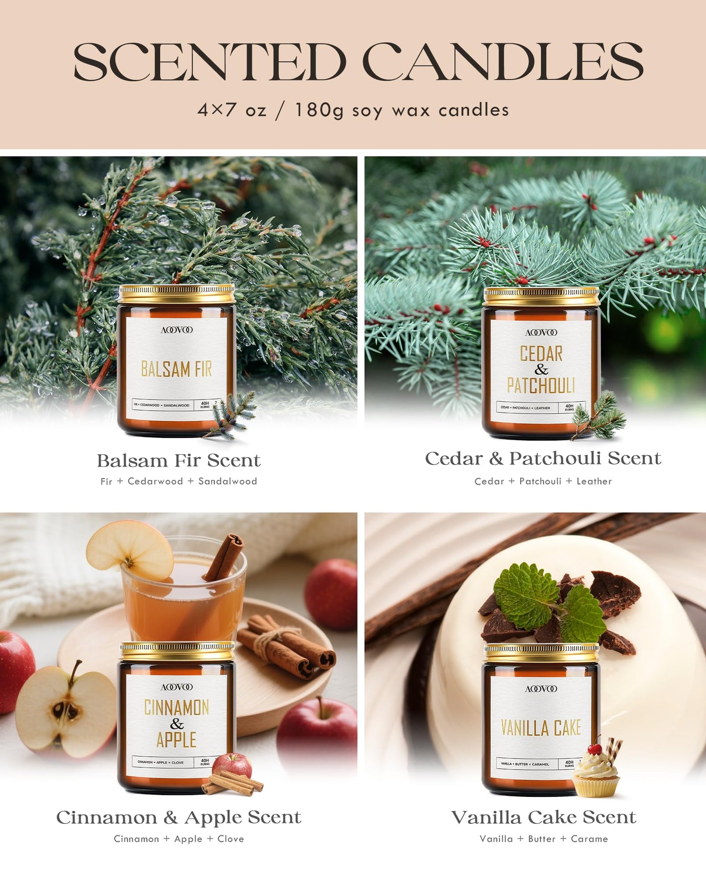 AOOVOO 4pc Soy Candle Set – Balsam Fir, Cedar & Patchouli, Cinnamon & Apple, Vanilla Cake | 28 oz