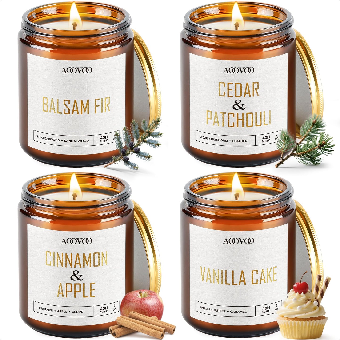AOOVOO 4pc Soy Candle Set – Balsam Fir, Cedar & Patchouli, Cinnamon & Apple, Vanilla Cake | 28 oz