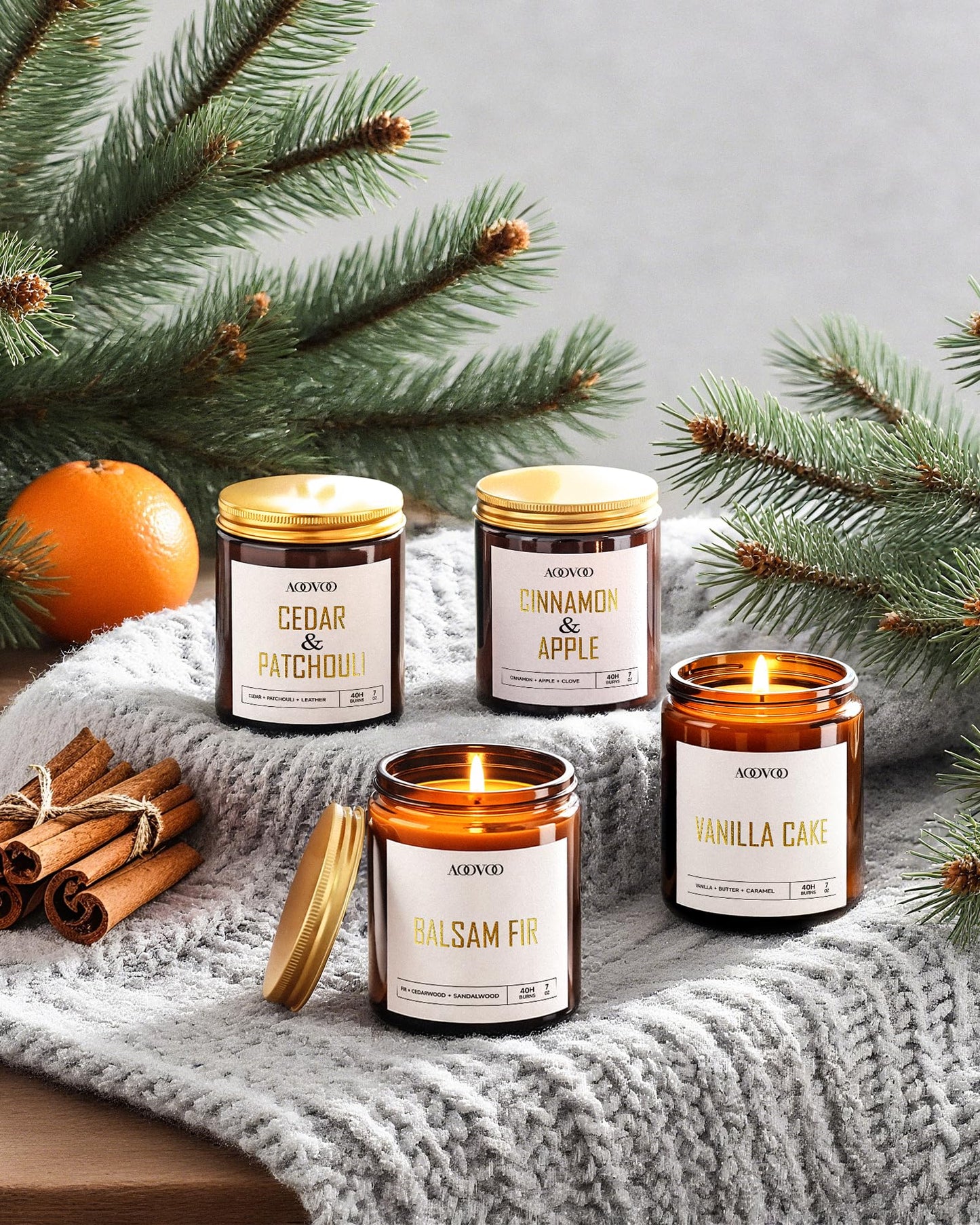AOOVOO 4pc Soy Candle Set – Balsam Fir, Cedar & Patchouli, Cinnamon & Apple, Vanilla Cake | 28 oz