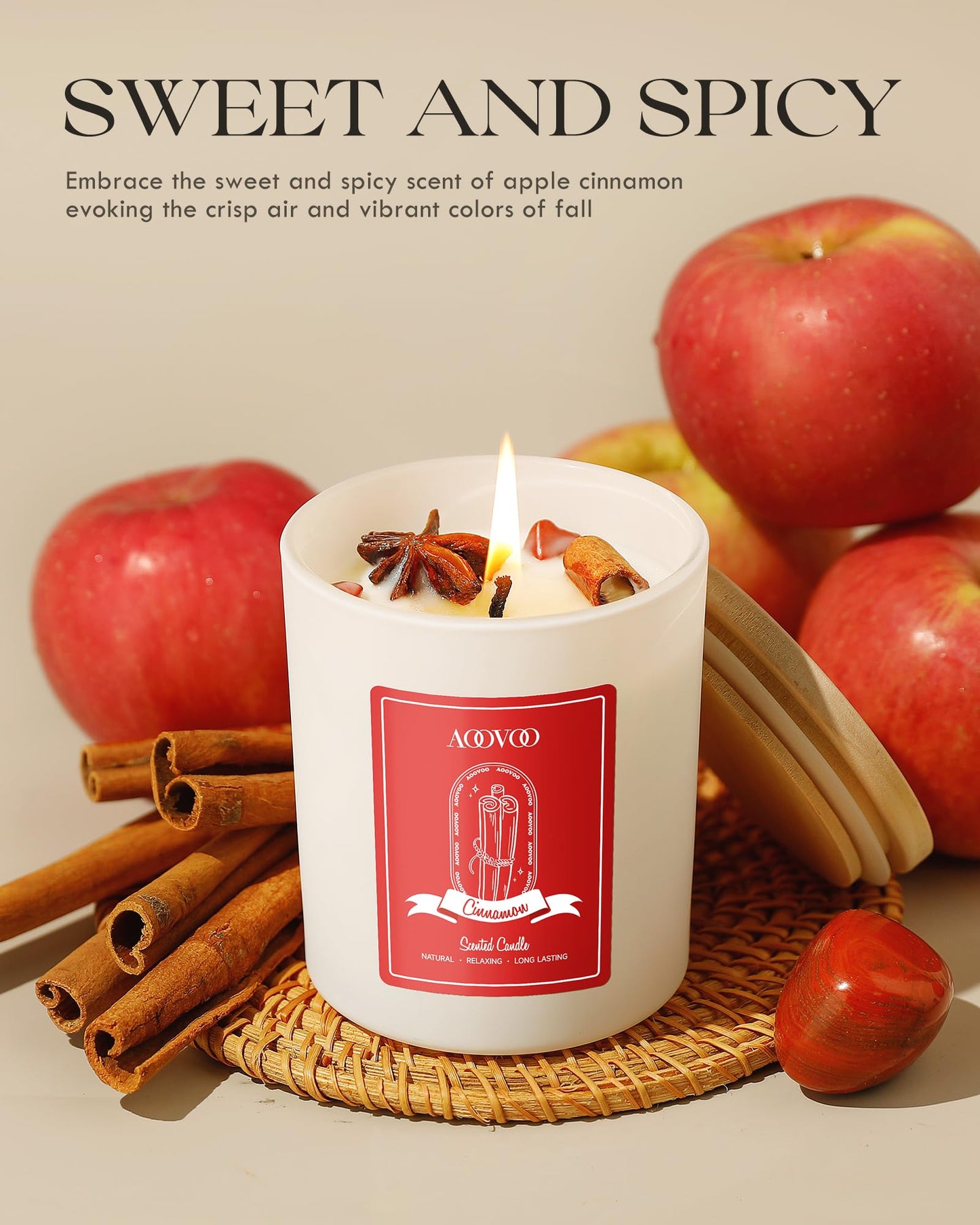 AOOVOO Apple Cinnamon Scented Candle with Crystals | 10oz Soy Wax for Women