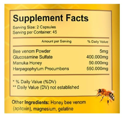 Premium Natural Bee Venom with Glucosamine Sulfate – 90 Capsules Pack of 2 | Joint Support & Manuka Honey