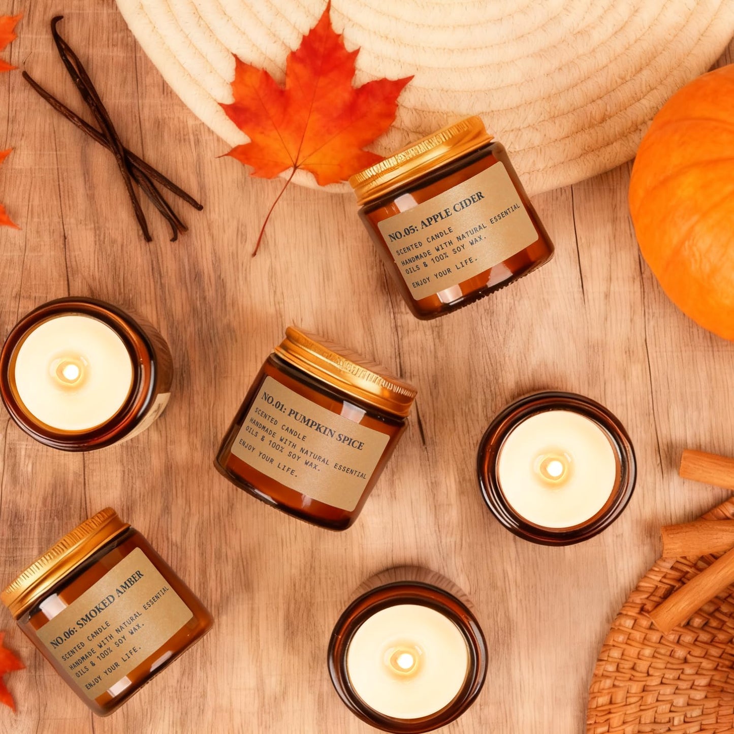 Fall Candles for Home: 6 x 3.5 oz Soy Wax, 150 Hours Long-Lasting – Pumpkin Spice & Apple Cinnamon