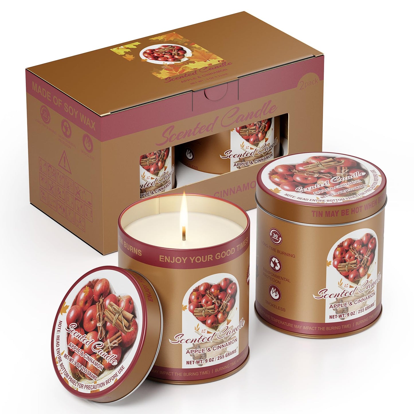 Apple Cinnamon Scented Candle Set | 2-Pack 510g, 8% Essential Oils, 80H Burn, Pure Soy Wax