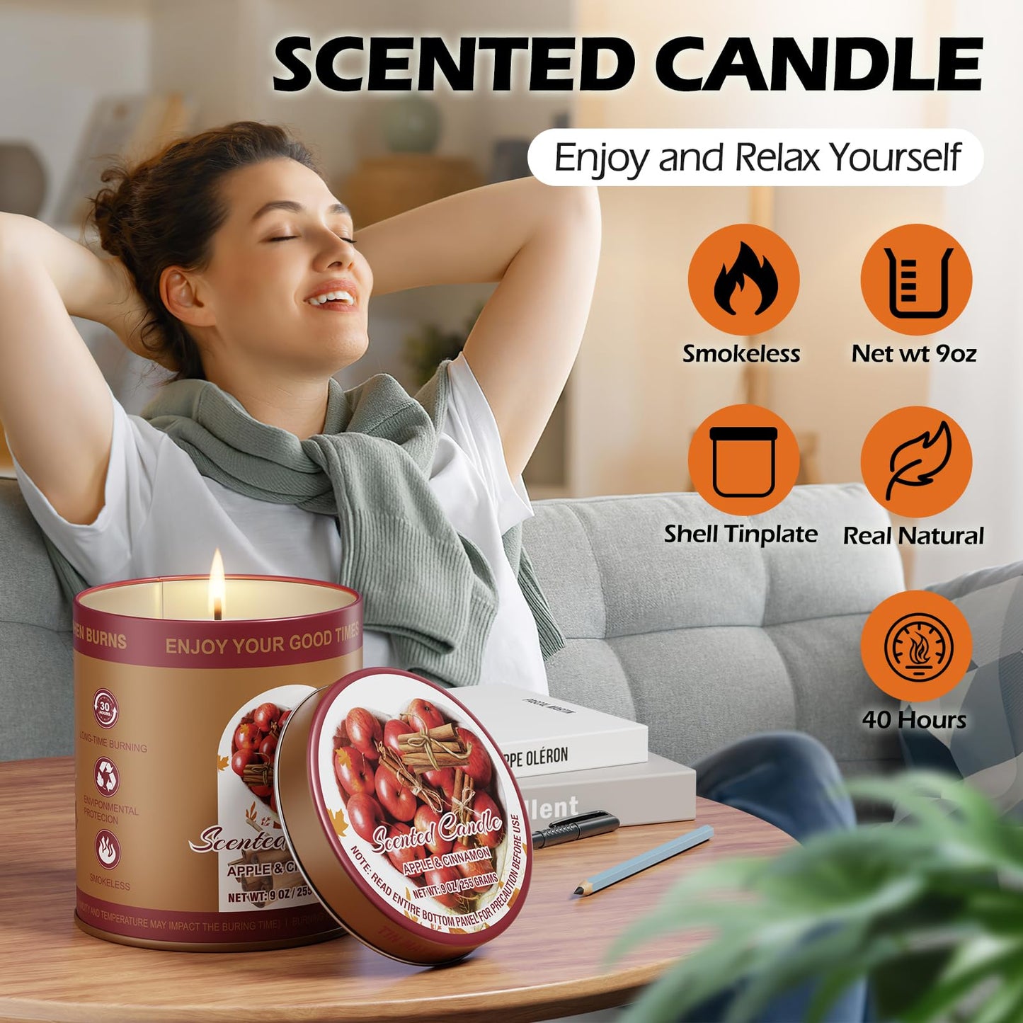 Apple Cinnamon Scented Candle Set | 2-Pack 510g, 8% Essential Oils, 80H Burn, Pure Soy Wax