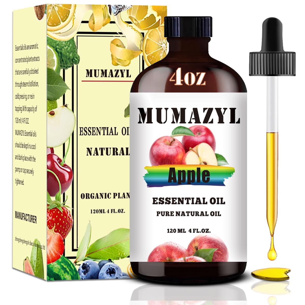 Apple Essential Oil - 4 Fl Oz (120 ml) Amber Glass Bottle for Diffuser & DIY