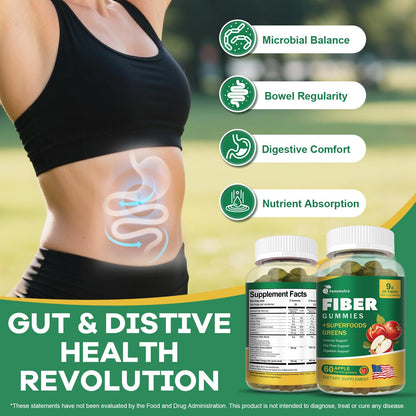 13-in-1 Prebiotic Fiber Gummies for Adults – Greens Blend, Inulin & ACV, Sugar Free Apple Flavor | 60 Vegan Gummies