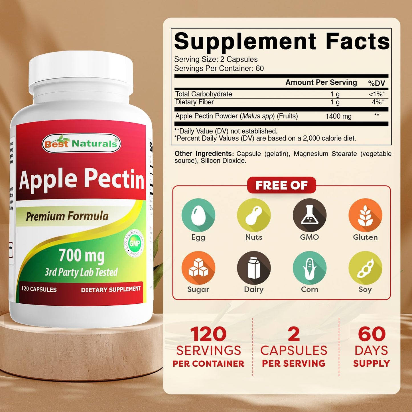 Best Naturals Apple Pectin 700 mg – Dietary Fiber & Intestinal Support | 120 Capsules (Pack of 2)
