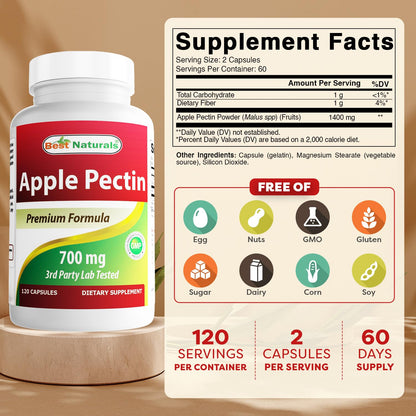Best Naturals Apple Pectin 700 mg – Dietary Fiber & Intestinal Support | 120 Capsules (Pack of 2)