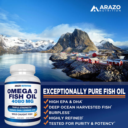 Arazo Nutrition Wild Caught Omega-3 Fish Oil – 120 Soft Gels, High EPA & DHA, Lemon Burpless
