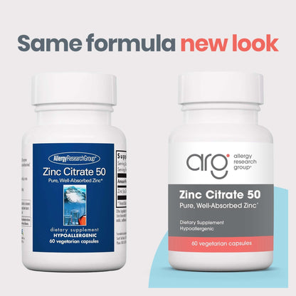 Zinc Citrate Supplement 50mg – Allergy Research Group | 60 Vegetarian Capsules