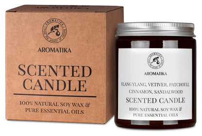 AROMATIKA Scented Soy Candle with Essential Oils – Ylang-ylang, Vetiver, Patchouli, Cinnamon & Sandalwood | 150g, 45h Burn