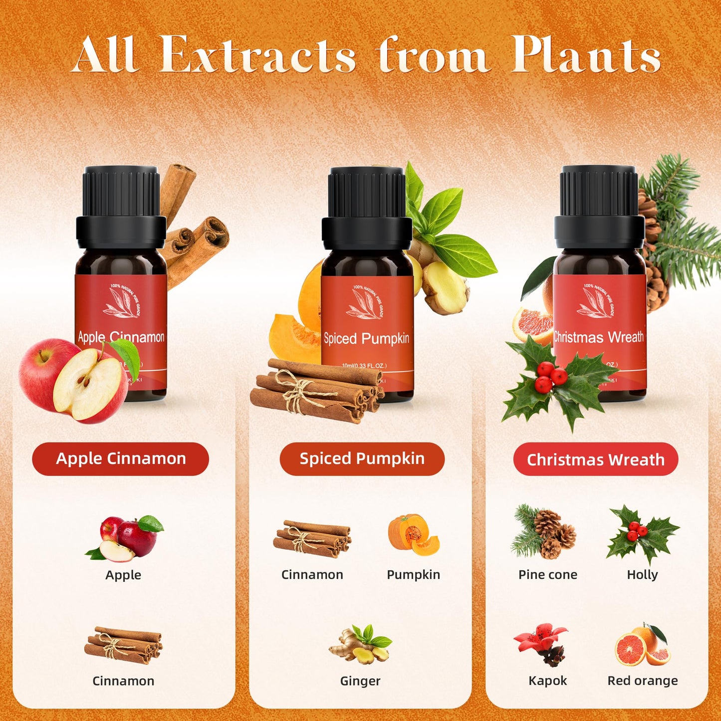 ASAKUKI Essential Oils for Diffusers & Candle Making – Peppermint, Vanilla Cupcake, Sparkling Cinnamon, Spiced Pumpkin, Christmas Wreath & Apple Cinnamon | 6 x 10 ml