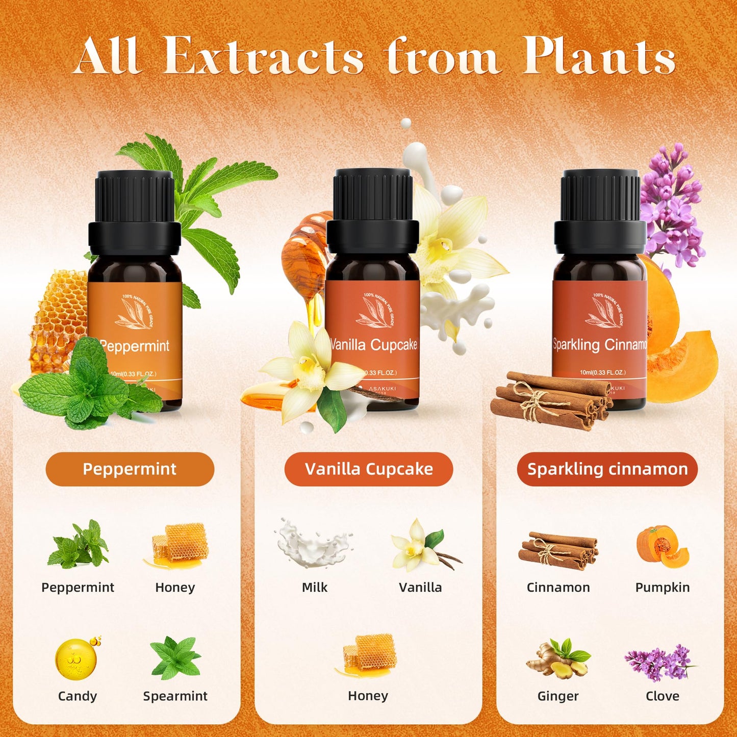 ASAKUKI Essential Oils for Diffusers & Candle Making – Peppermint, Vanilla Cupcake, Sparkling Cinnamon, Spiced Pumpkin, Christmas Wreath & Apple Cinnamon | 6 x 10 ml