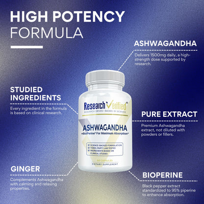 Research Verified Ashwagandha 1500mg Maximum Strength with Bioperine & Ginger Root – 60 Vegan Capsules