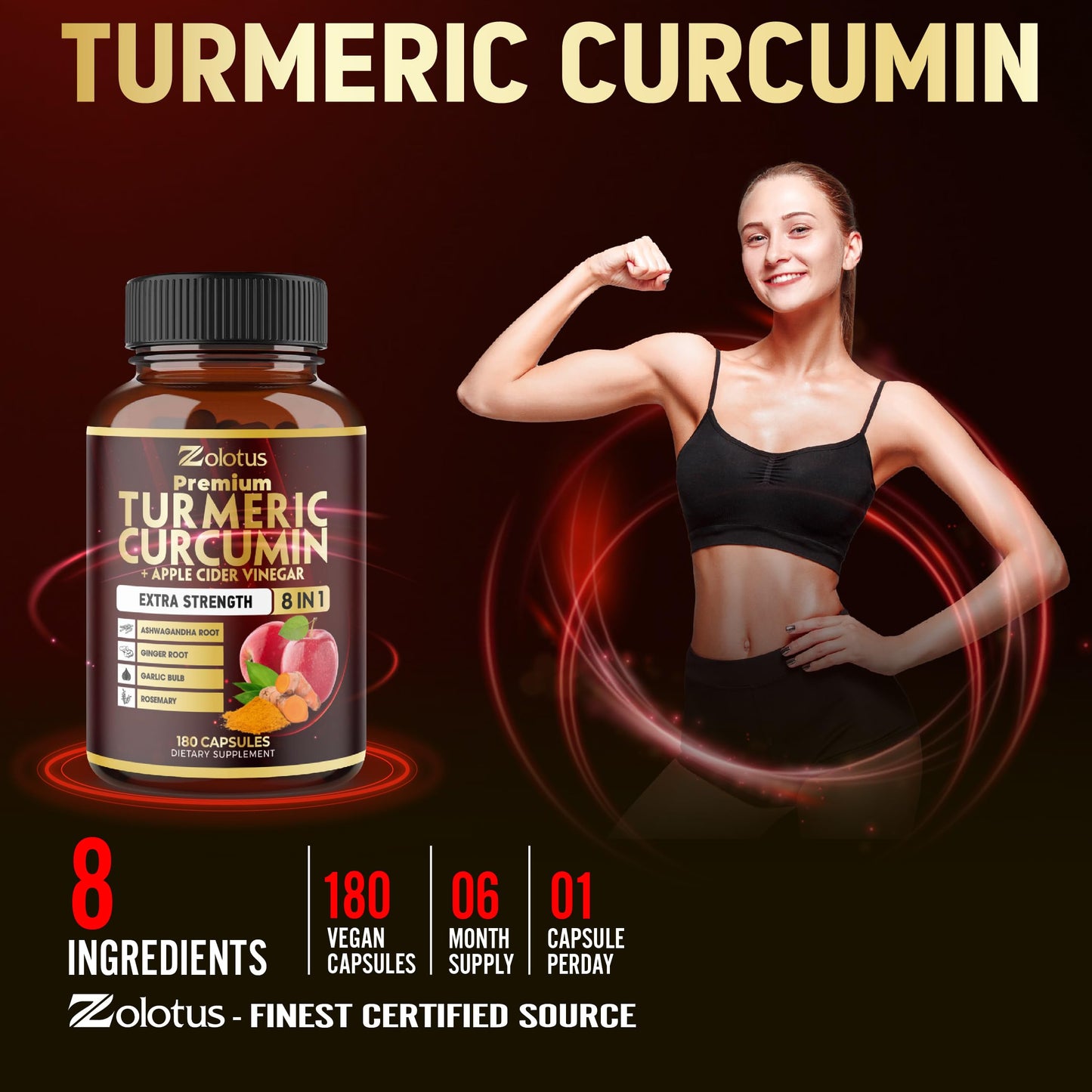 7 in 1 Turmeric Curcumin + Apple Cider Vinegar Capsules – 180 Count, 6 Month Supply