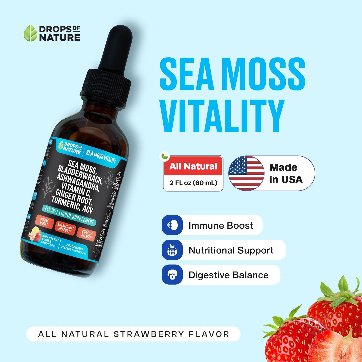 Ashwagandha & Turmeric Liquid Drops – Strawberry Ginger Lemonade (60mL) | Vegan Immune Support, Vitamin C, Sea Moss & Apple Cider Vinegar