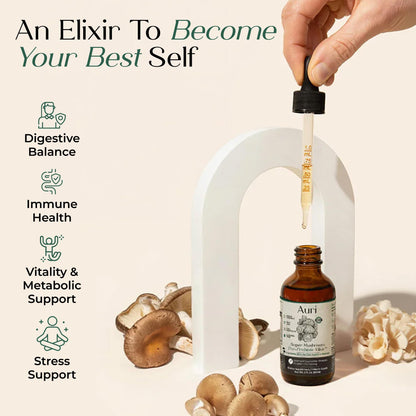 Auri Super Mushroom Pre + Probiotic Elixir – Daily Gut & Immune Support | Vegan, 60 ml